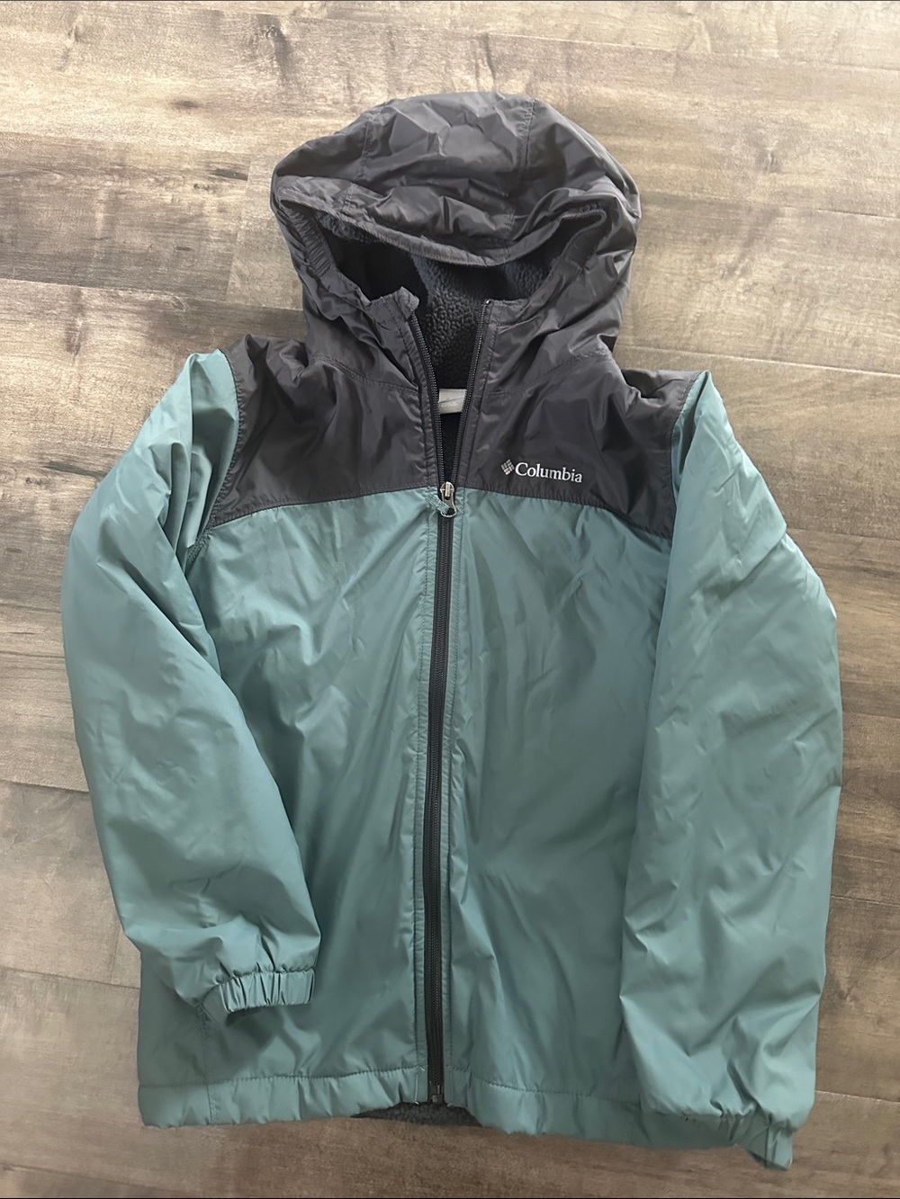 Boys Sherpa lined size M 10/12 Columbia Teal and Black Hooded Kids' Rain Jacket